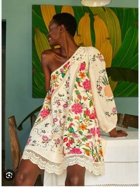 Brand New FARM Rio Toucans Garden One Shoulder Cream Embroidered Mini Dress